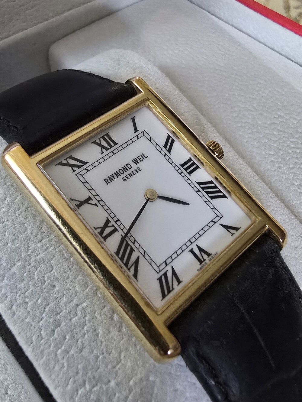 Raymond Weil Gold Tone Rectangular Watch with Black Strap